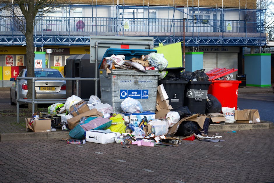 Five large wheeled rubbish bins with black bodies and yellow lids are lined up against a plain, light-colored wall. Each bin has a white oval label with a barcode and text, positioned towards the upper front section. The bins are situated on a concrete surface, with the first two on the left slightly closer together and the remaining three placed with some space between them. The environment appears to be a managed outdoor area, possibly a designated storage spot for waste collection. The bins are intended for general waste disposal, and their sturdy plastic material with a textured finish suggests they are designed for frequent use. Waste Clearance Sutton’s service focus on efficient rubbish collection is subtly supported by this scene, highlighting the typical equipment involved in private waste handling and on-site clearance activities. The lighting is neutral and even, providing clear visibility of each bin’s details, emphasizing the practicality and organization of waste storage for disposal or collection purposes.